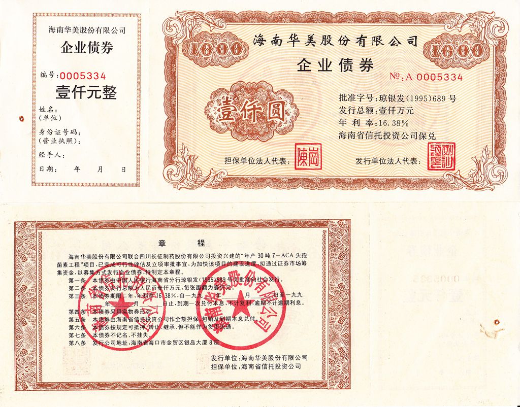 B8001, Hainan China-Beauty Co., Ltd, Bond of 1000 Yuan, 1995